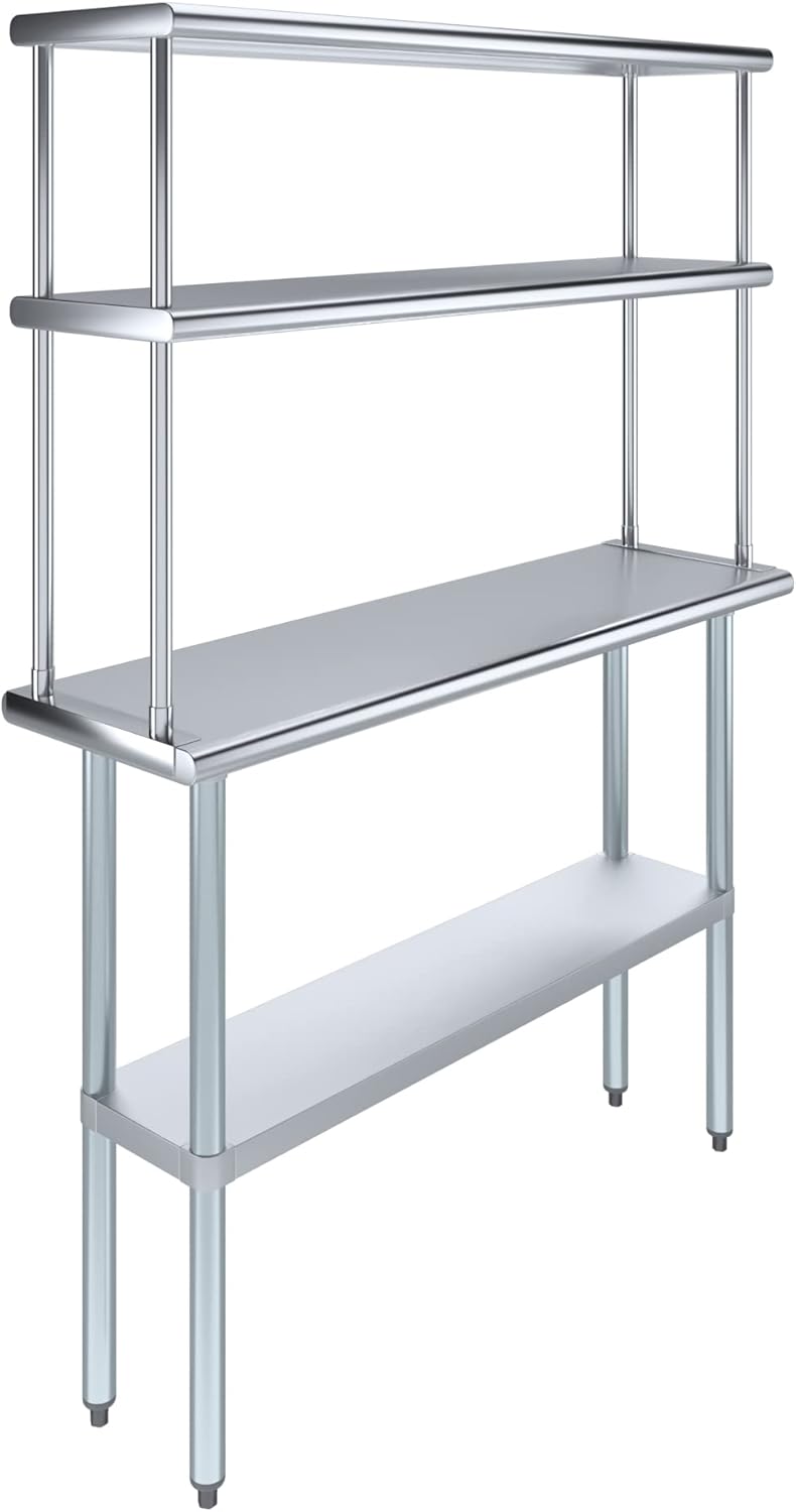 Amgood Stainless Steel Work Table Double Tier Overshelf | NSF 14" x 48" Work Table + 12" Overshelf