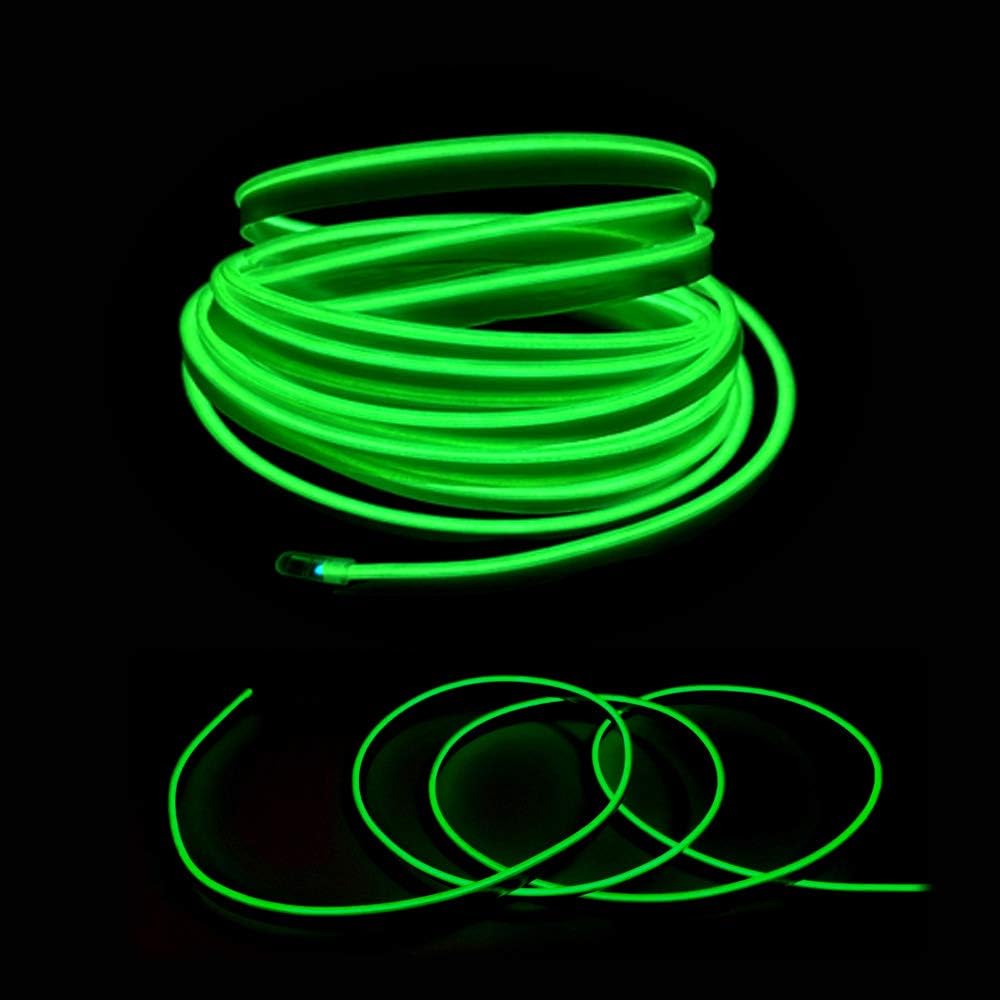 El Wire Green Interior Car LED Strip Lights, 5M Neon Wire USB 5V with Fuse Protection for Automotive Interior Decoration, with 6mm Sewing Edge