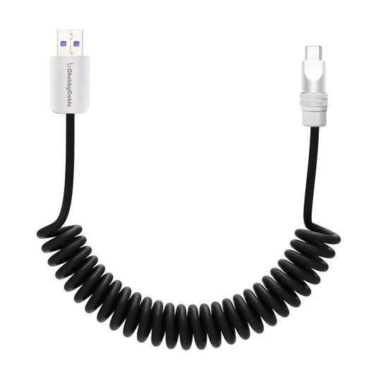 chubbycable Curly Chubby - Retractable Fast Charging Cable 240W Coiled Charger Cord for Car Durable USB-C Cable for Phones, Tablets and More, Black, USB-A to Type-C, 1.3FT-2.3FT