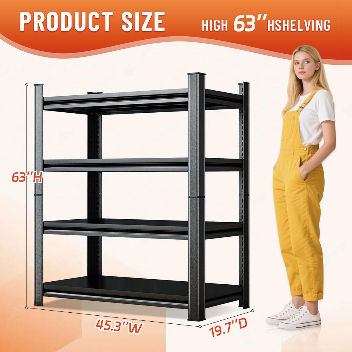 63''H Heavy Duty Metal Shelving Unit, 2000 lbs Total Capacity, Dual-Layer Column, Tool-Free Assembly, All-Steel Construction for Garage, Warehouse, Basement,45.3''W x 19.7''Dx 63" H
