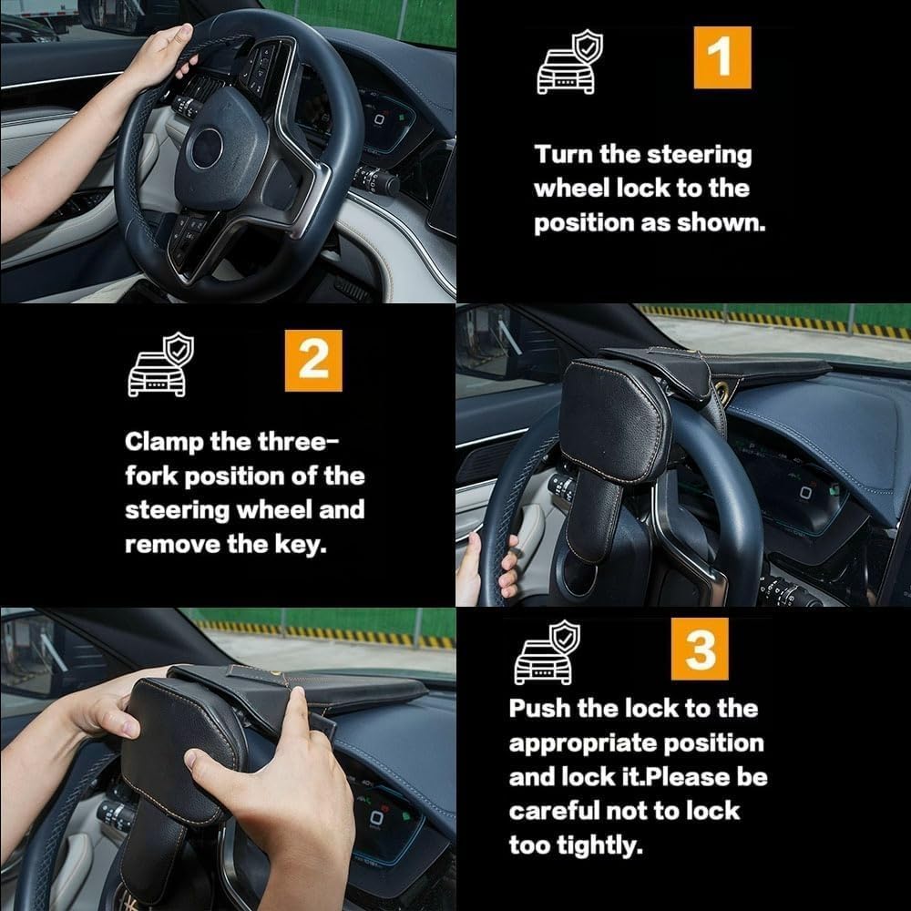 Amorin Leather Car Steering Wheel Lock Anti Theft Device Security Lock with Adjustable Length Fit for Cars Trucks Vans and SUVs with 2 Keys