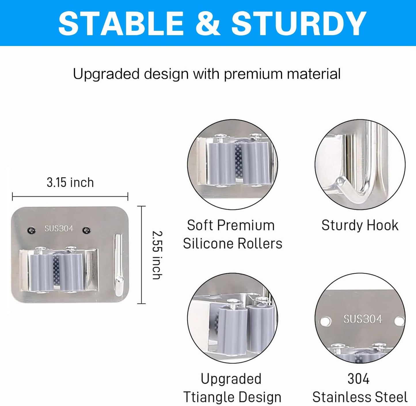 5 Pack Broom Holder Heavy Duty Stainless Steel Broom Hanger with Hooks Screw Drilling Rust Resistant Mop and Broom Holder Wall Mount for Bathroom Kitchen Laundry Room Garage - Silver