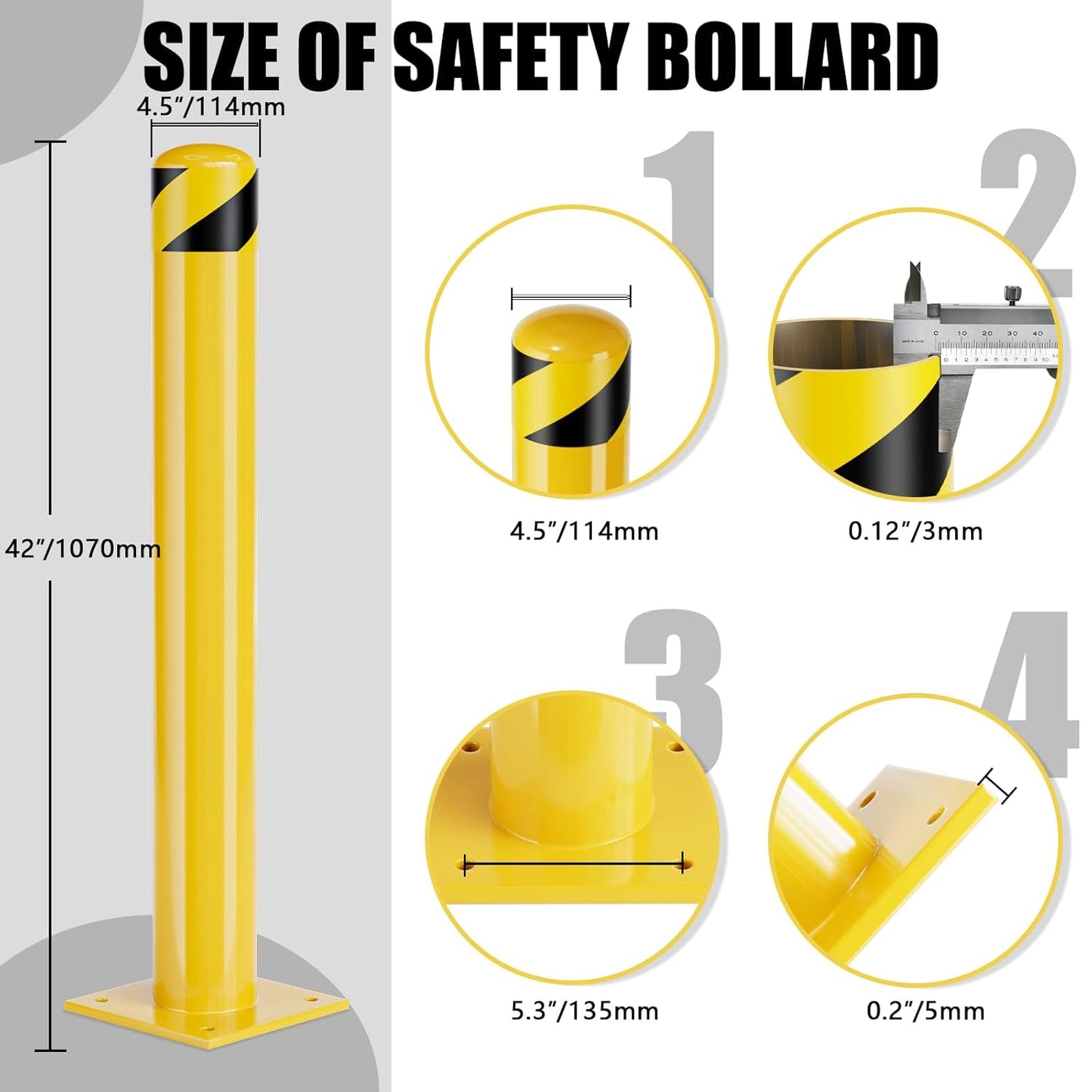 Safety Bollard Post, 42 Inch Height Steel Bollards, 4.5 Inch Diameter Parking Bollard, Yellow Powder Coated Safety Parking Barrier Post, for Traffic Sensitive Areas,3P