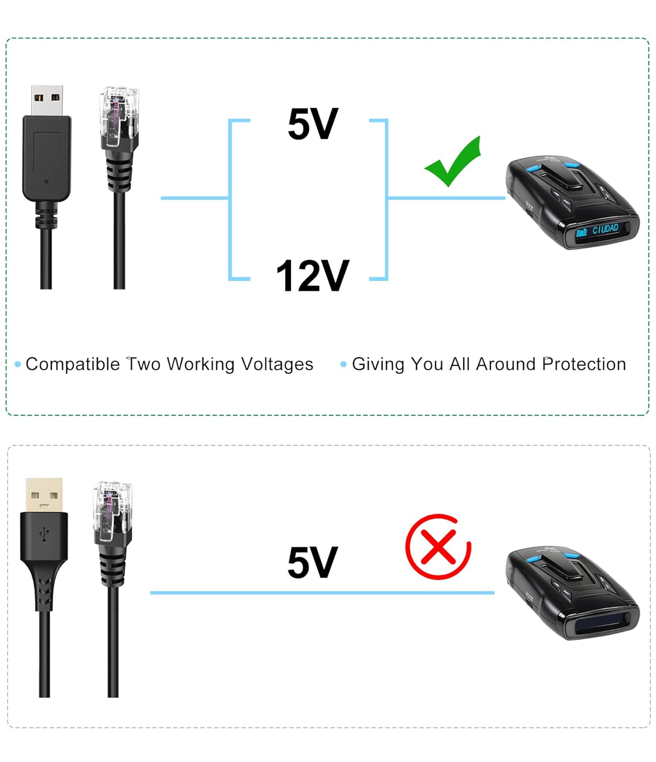 Radar Detector Cable with USB to RJ11 Plug,Power Cable for Radar Detectors,USB 5V-12V Power Cable,for Escor t Radenso XP Beltronics Whistler Radar Detector(RJ11-6.56FT)