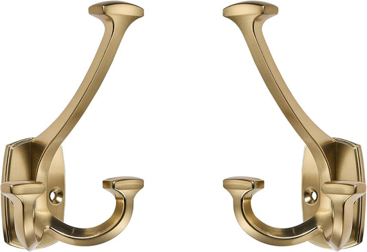 Large Wall Double-Sided Hook 5 Pack Champagne Brozne Hook Decorative Heavy Duty Solid Large Coat Hooks for Towel Hanging Coats Robe Towel Bags Door Back 2 Prong Hooks