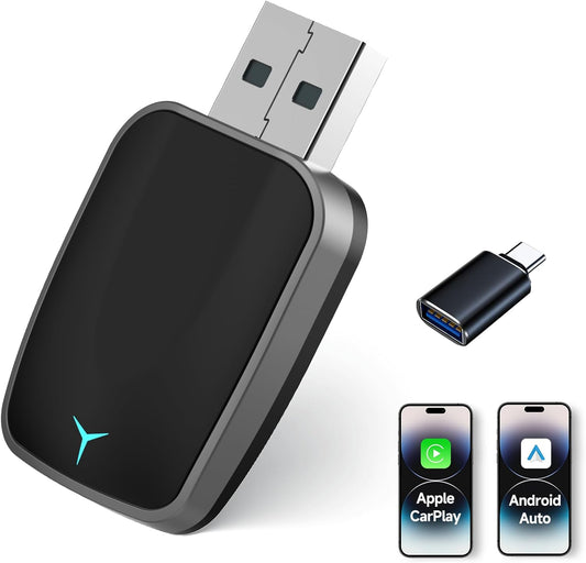 Mini Wireless Carplay Adapter, Convert Wired to Wireless Car Play & Android Auto 2-in-1 Adapter for Apple iPhone & Android Phone, Plug & Play, Auto Connect, No Delay, w/USB C for iOS 10+ Android11+