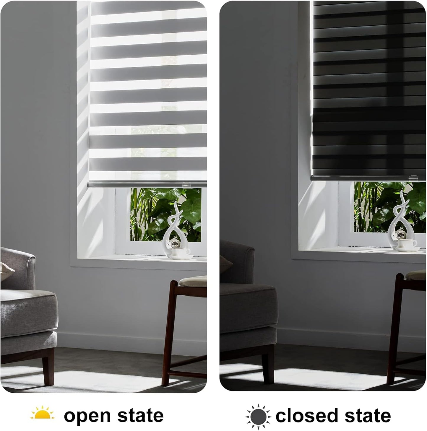 Persilux Cordless Zebra Blinds for Windows, Roller Shades for Windows (35.5" W x 72" H, Grey) Dual Layer Fabric for Day and Night,Room Darkening Shades for Home, Office, Bedroom and Living Room