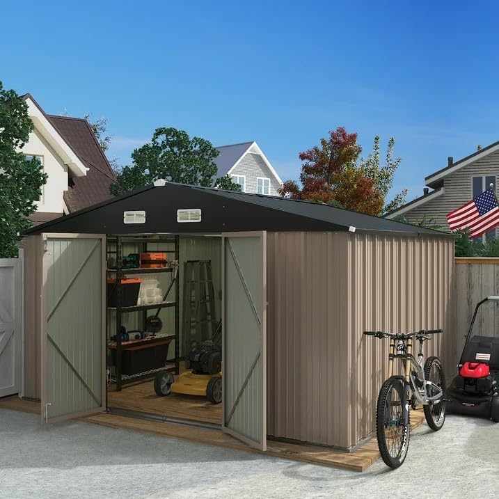 Greesum 10×10FT Outdoor Storage Shed, Metal Patio Storaged Sheds with Lockable Doors, Sheds & Outdoor Storage for Bike, Backyard, Pool and Garden, Brown