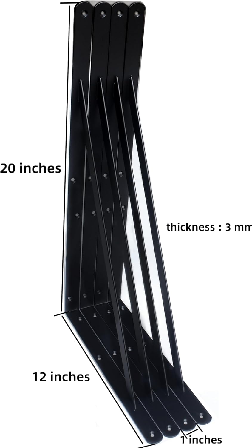 8 Pack L20 x H 12" Black Heavy Duty Shelf Brackets with Screws Metal Shelf Brackets Shelf Support Angle Brackets for Shelves L Brackets Heavy Duty Floating Shelf
