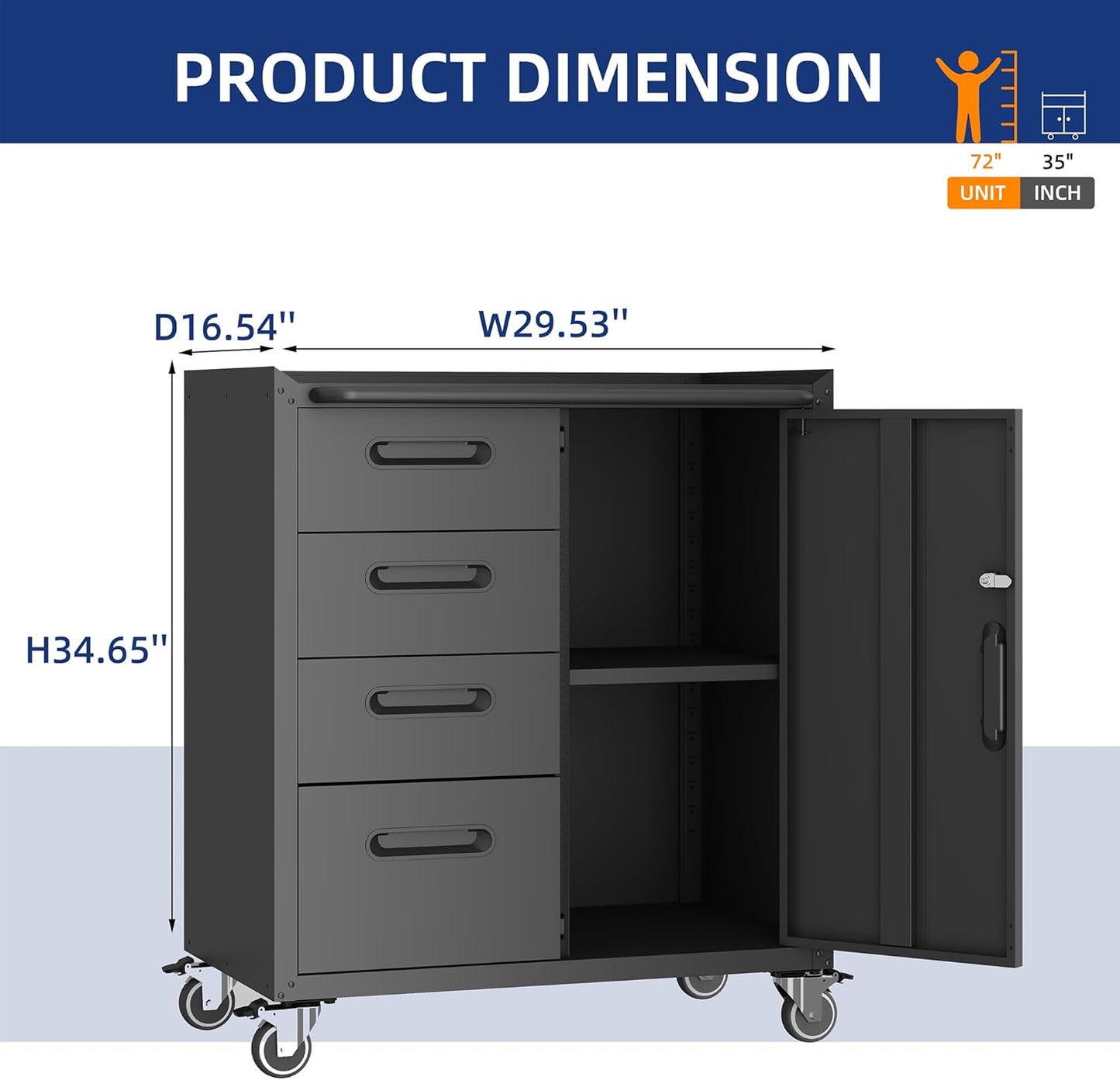 Metal Garage Storage Cabinet with Wheels,Locking Rolling Tool Cabinet with Drawers and Shelves for Home, Office, Garage & Workshop
