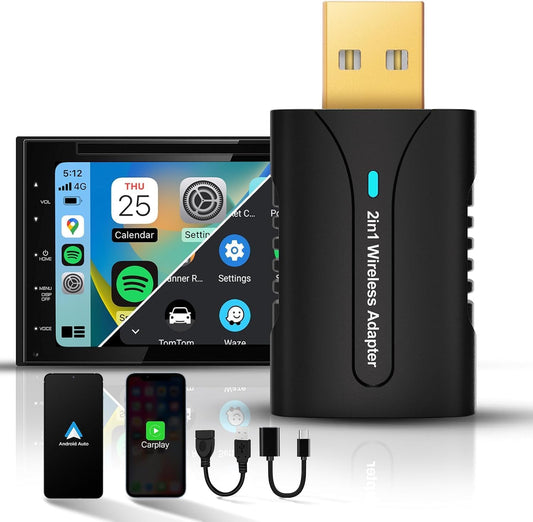 2in1 CarPlay Android Auto Wireless Adapter, Mini Car Play Cars Stick, Fast Auto Connection for OEM Wired Car Play Model 2017 Above, for iPhone iOS 12 /Android 11 Above，Black