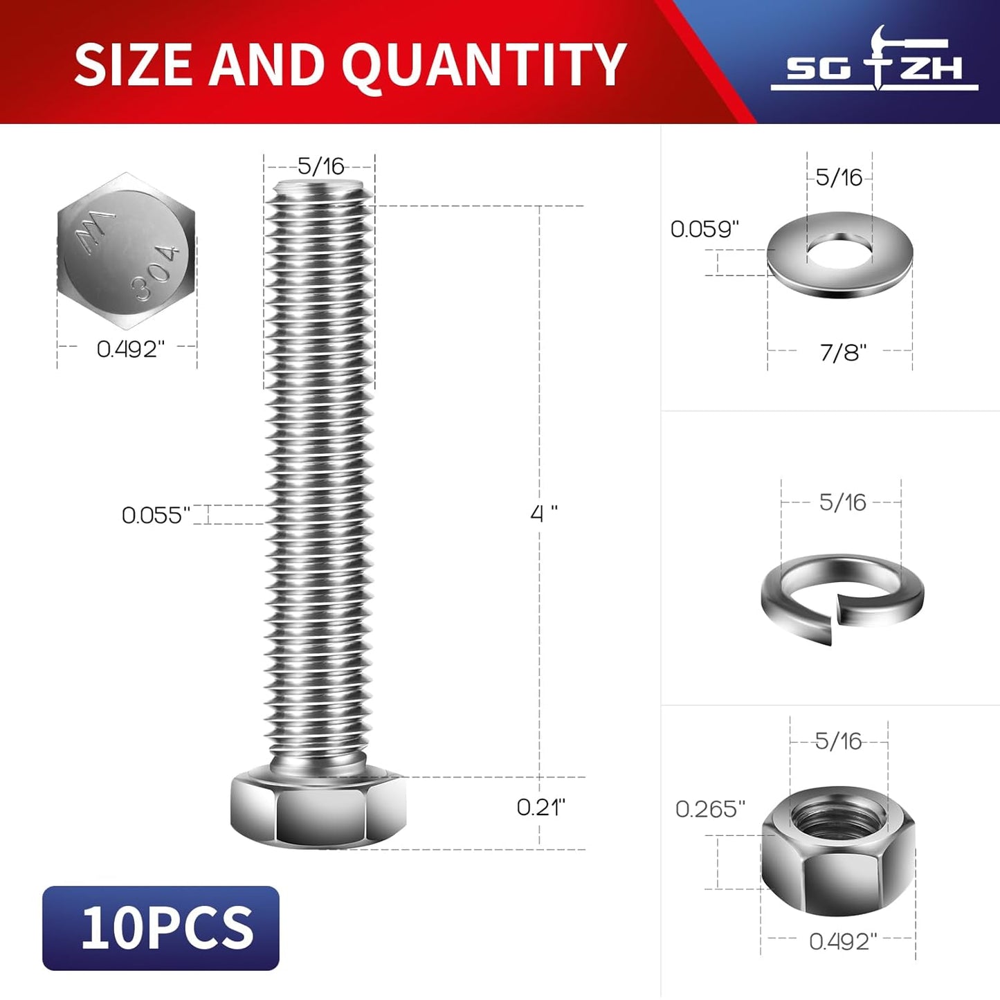 5/16-18 x 4" Hex Head Screw Bolt, Nuts, Flat & Lock Washers, 10Pcs 18-8 (304) Stainless Steel, Fully Threaded, by SG TZH