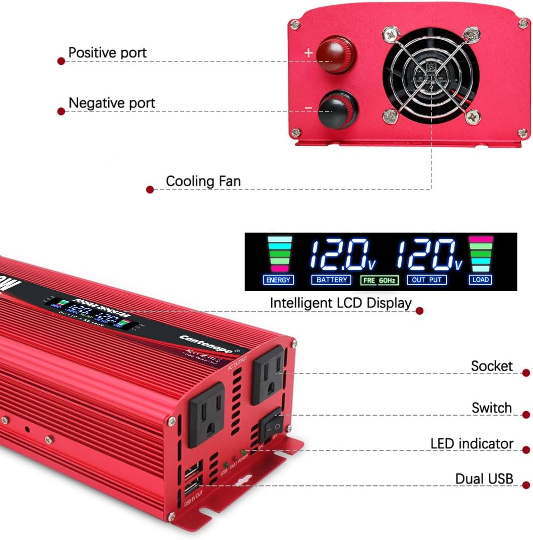 1500W Power Inverter 12V to 110V/120V Car Charger Converter with LCD Display, 3.1A Dual USB Ports 2 AC Outlets Car Adapter, Cigarette Lighter for for Truck Vehicle Red
