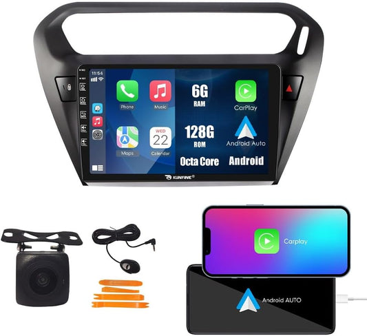 Kunfine Car CarPlay Android Auto Navigation Stereo GPS Radio Reverse Camera Display 9" IPS Touchscreen Headunit Tablet Media Player for Peugeot 301 13-22, if Applicable Octa Core 6G+128G Matte Black