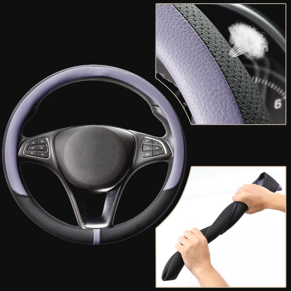 COFIT Breathable Car Steering Wheel Cover 16 inch Auto Universal Leather Wrap Non-Slip Steeringwheel Protector Automotive Interior Accessories, Purple (Suit for 15.5-16 inch)