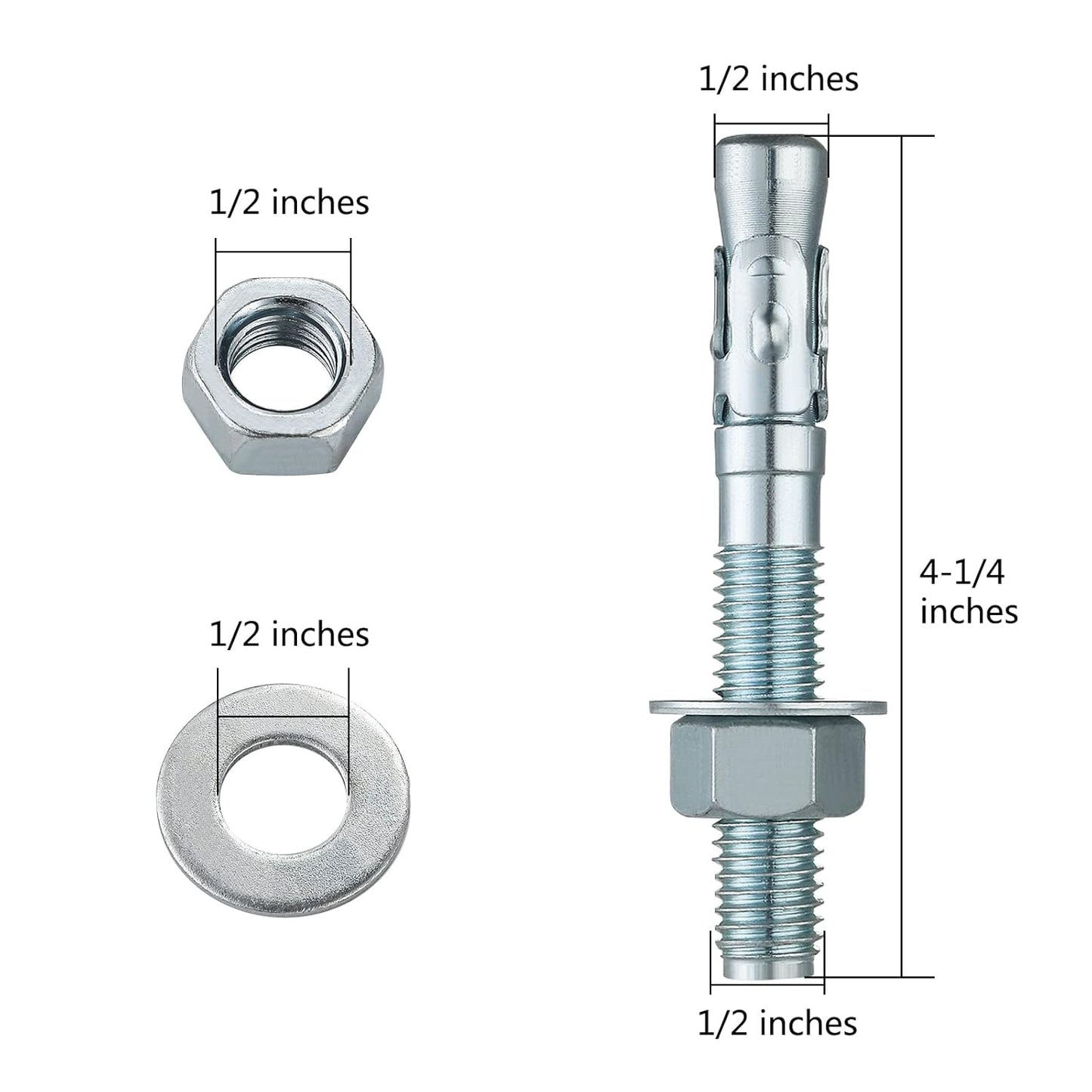 1/2x4-1/4 30Pcs Inch Standard Fasteners for Heavy-Duty Zinc Wedge Anchors for Cement and Concrete