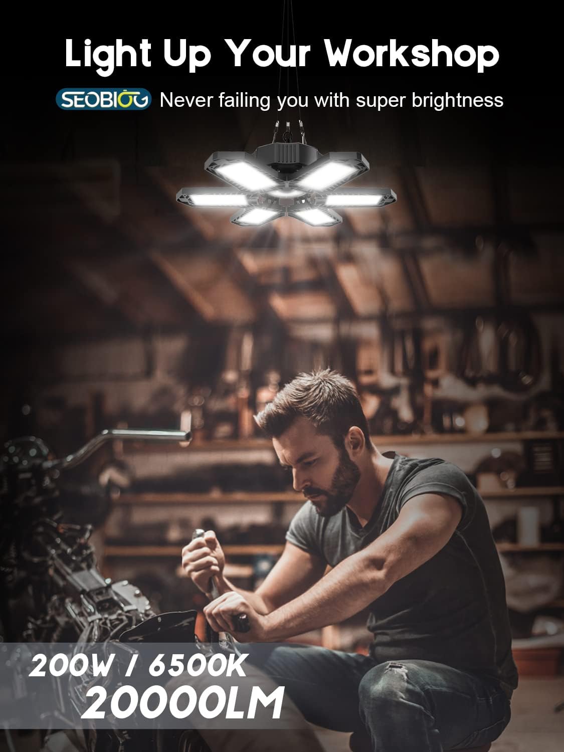 SEOBIOG 2 Pack Plug in Garage Light, Upgraded 200W 20000LM Linkable LED Shop Light, 6500K Ceiling Lights w/ 6 Deformable Panels for Garage, Warehouse, Barn, Basement (Built-in ON/Off Switch)