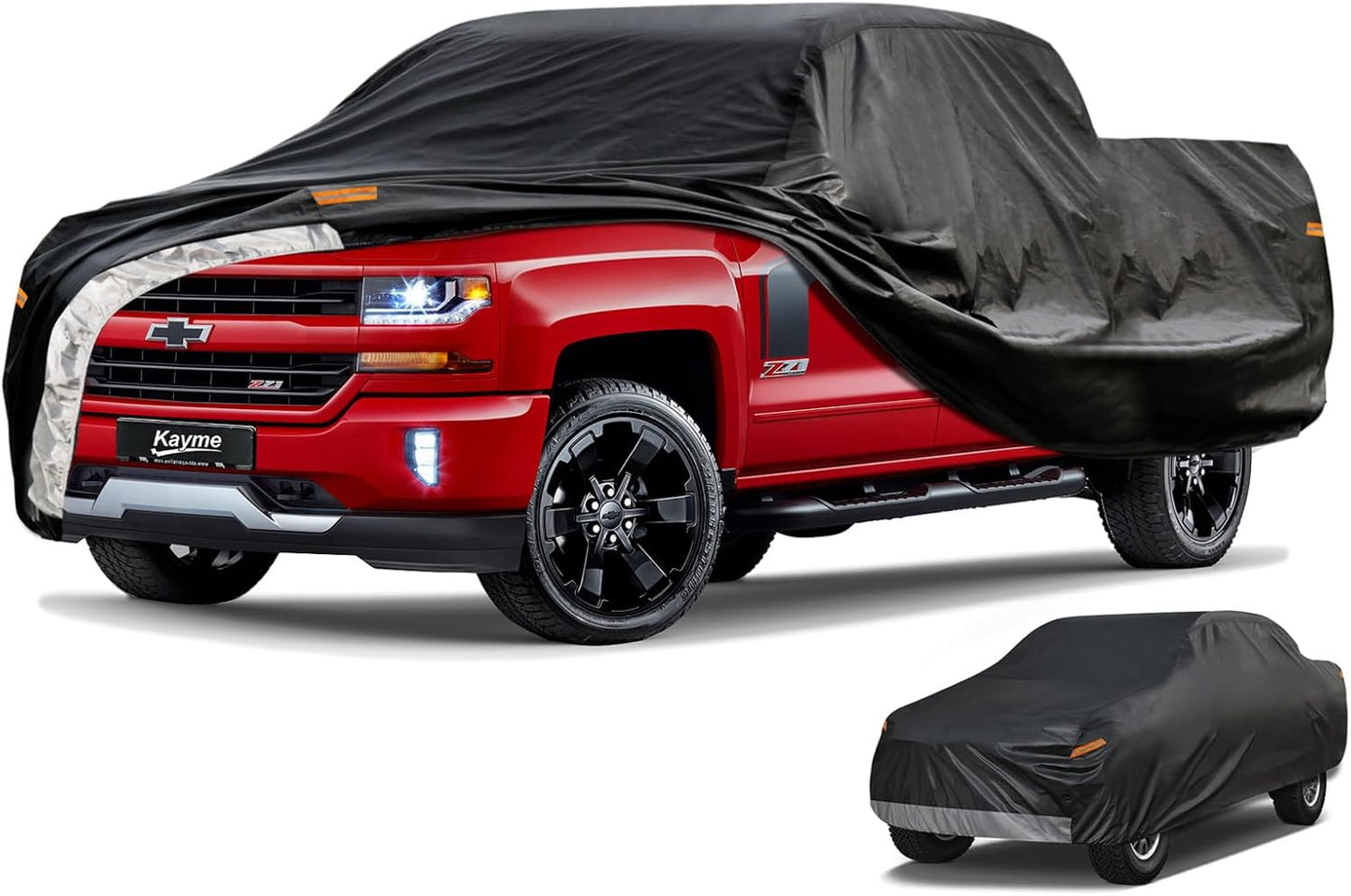 Kayme 7 Layers Truck Cover Waterproof All Weather, Universal Fit Chevy Silverado, GMC Sierra, Ford F150/F 150 Heavy Duty Outdoor Pickup Cover Snow Uv Sun Protection, (Length Up to 250 inch) XXL/Black.