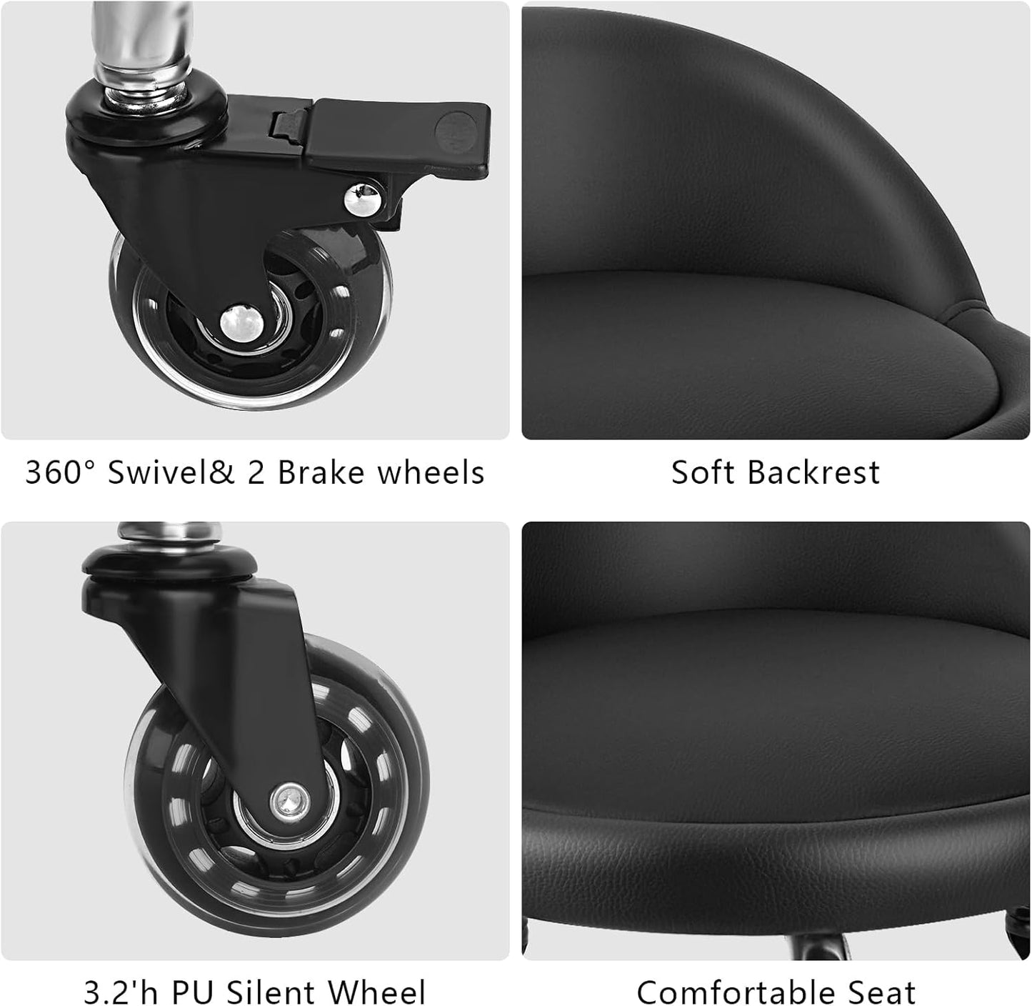 Rolling Stool with Backrest Low Height Rolling Stool with PU Leather, Roller Stool Chair, Roller Seats for Home, Office, Garage, Shop, Library (3.2" h Casters)