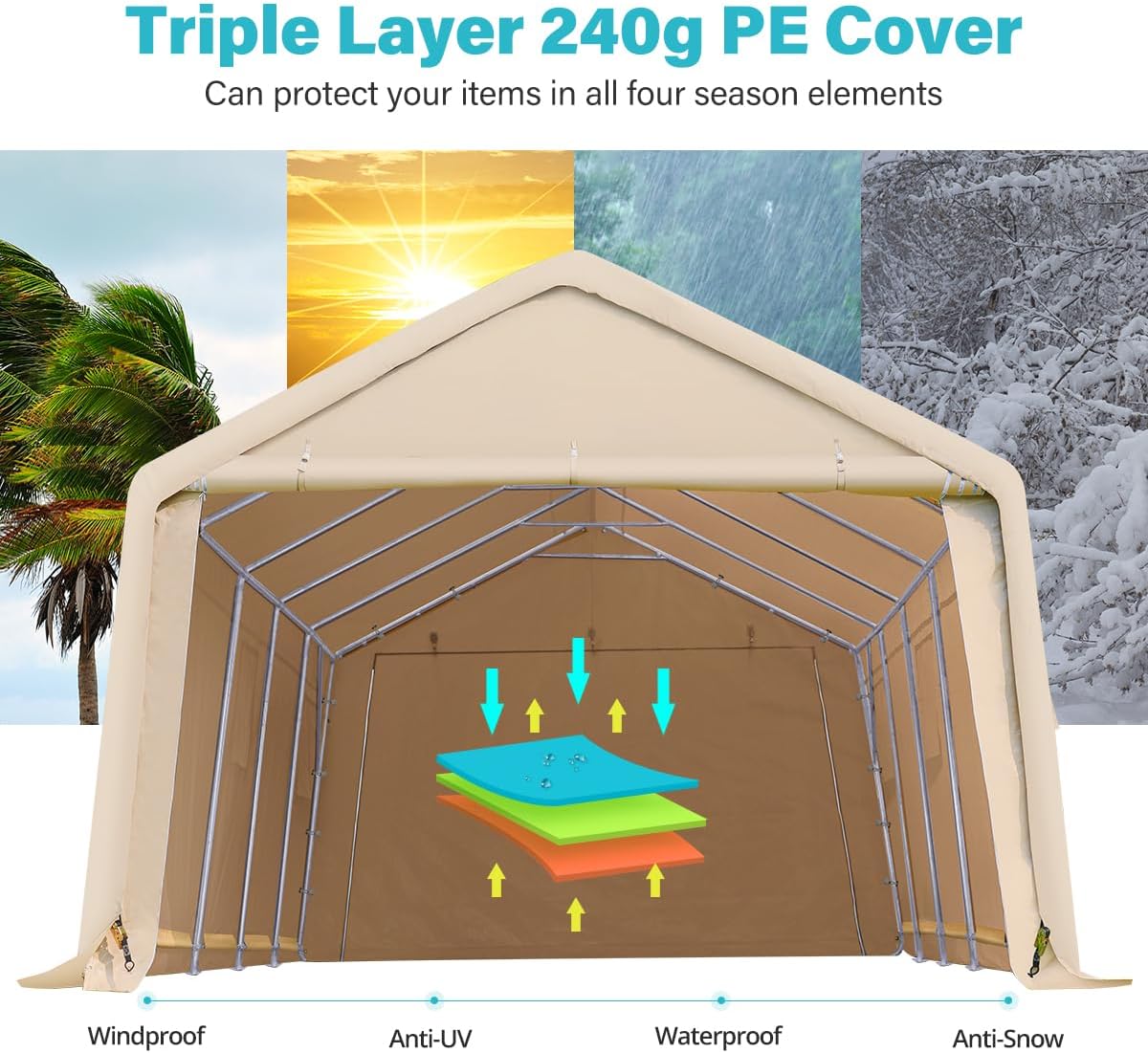 ADVANCE OUTDOOR 13x20 ft Garage Tent Carports with 2 Roll up Doors & Vents Outdoor Portable Storage Shelter for Vehicle Truck Boat Anti-UV Snow Resistant Waterproof, Beige