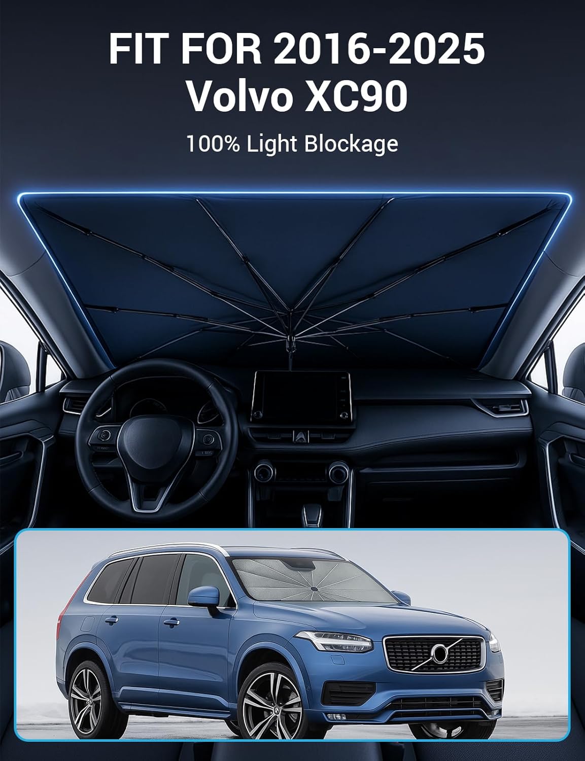 Proadsy Windshield Sun Shade Umbrella for Volvo XC90 2016-2025 2026 Foldable Car Umbrella Sunshade with Soft TPU Handle Spring Structure Crystal Cooling Material Protect Car from Rays & Heat