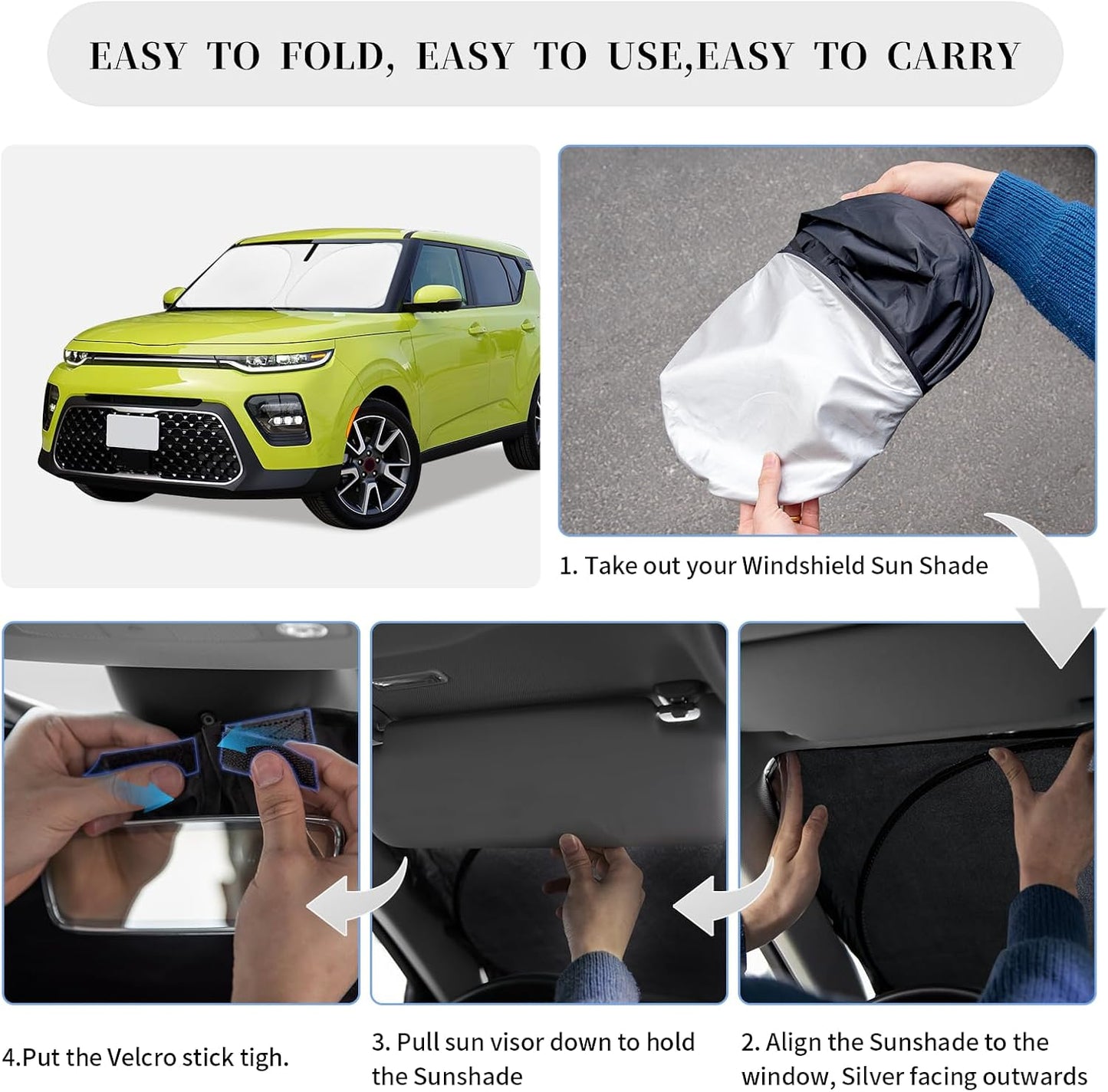 Sun Shade Sunshade for 2025 Kia Soul Windshield Cover, 4-Layer Front Window Shade Custom fit Soul 2010-2024 2025 Sun Visor 240T Retractable Shield Shade Blocks UV Rays Cooler Car Accessories