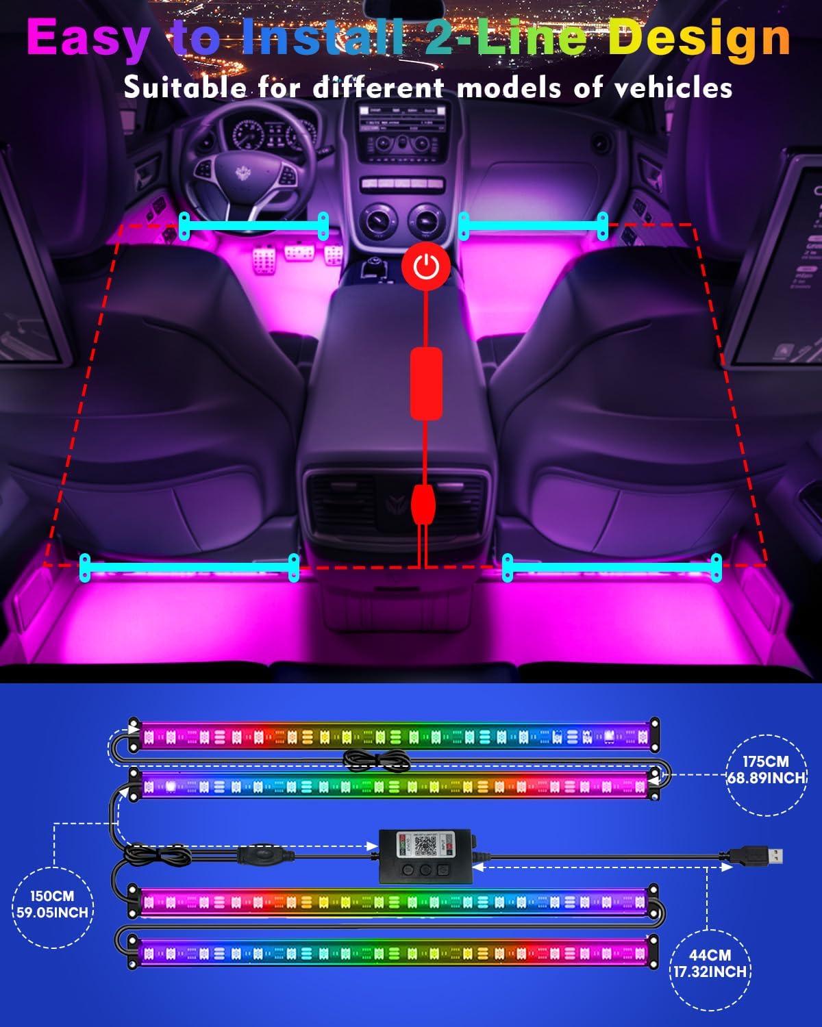Car Led Strip Lights, RGB Truck Interior Lights with App Control, Under Dash Footwell Automotive Led Light Strip, Car Ambient Lighting (1set)