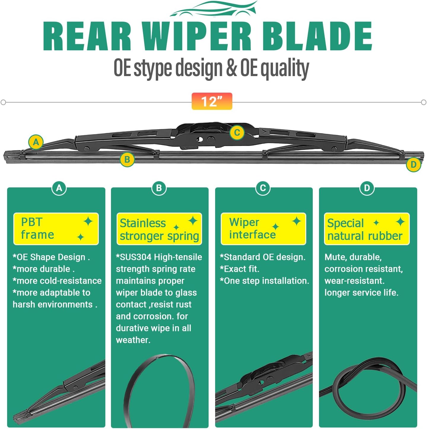 24" 16" 12" Windshield Wiper Blades Replacement for Hyundai Tucson 2005 2006 2007 2008 2009 Premium All Weather Front Rear Wipers Set - OEM Quality (Pack of 3)