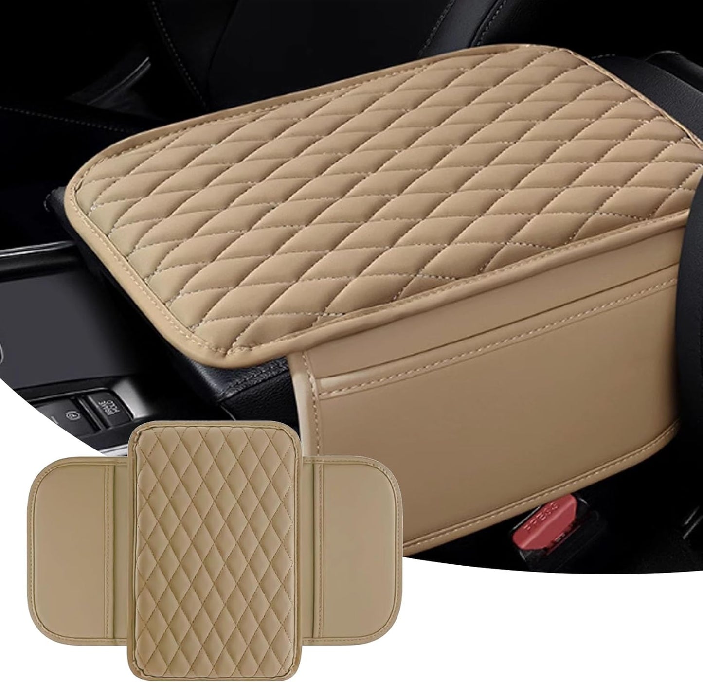 Car Center Console Cover, Upgraded Leather Arm Rest Cover for Car SUV, Car Middle Armrest Console Cover with 2 Storage Bags Scratch Resistant Waterproof Universal Car Accessories (Beige)