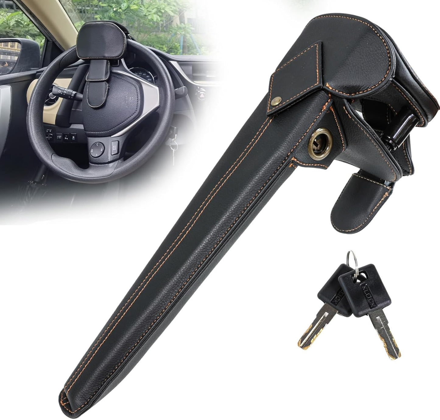 Amorin Leather Car Steering Wheel Lock Anti Theft Device Security Lock with Adjustable Length Fit for Cars Trucks Vans and SUVs with 2 Keys