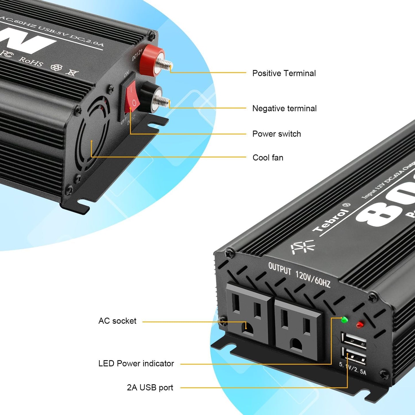 800W Power Inverter DC 12V to AC(2 Outlets) 110V Car Inverter Adapter Converter with 2.1A Dual USB Charging Ports for RV Camping Travel