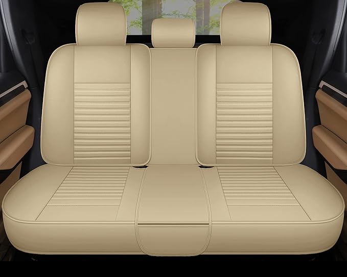 AOOG Leather Car Seat Covers, Leatherette Automotive Seat Cover for Cars SUV Pick-up Truck, Universal Non-Slip Car Seat Cover Waterproof Protectors Interior Accessories, Rear, Beige