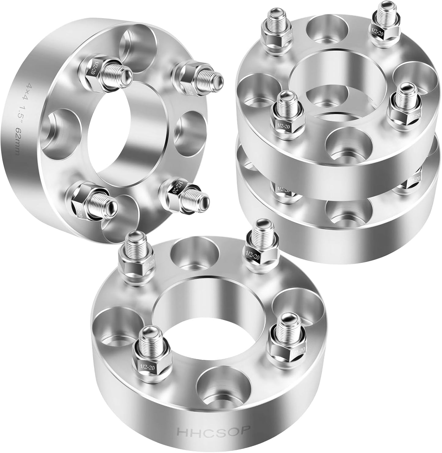 HHCSOP 4x4 Golf Cart Wheel Spacers 1.5 inch ATV Wheel Adapters for EZ GO EZGO Club Car, 4PCS 4x101.6mm Wheel Spacer Hub Bore 62mm with 1/2" Studs - Silver