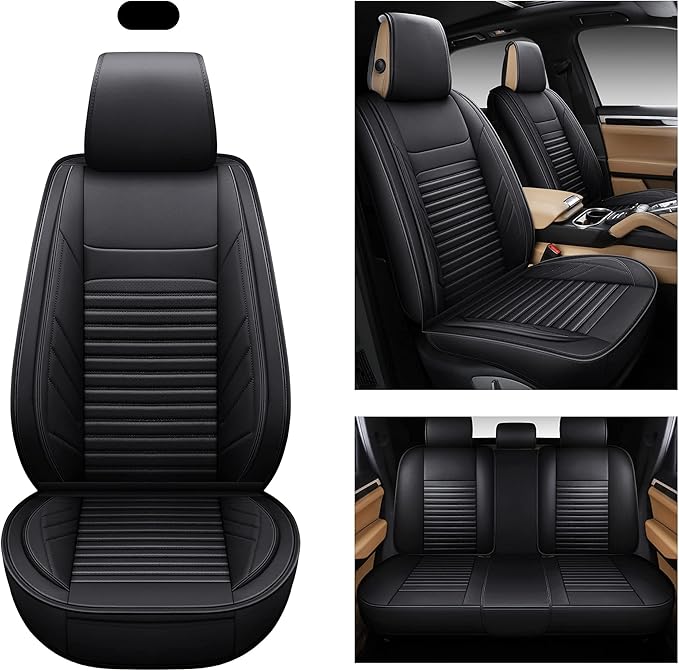 AOOG Leather Car Seat Covers, Leatherette Automotive Seat Covers for Cars SUV Pick-up Truck, Non-Slip Vehicle Car Seat Covers Universal Fit Set for Auto Interior Accessories, Full Set, Black.