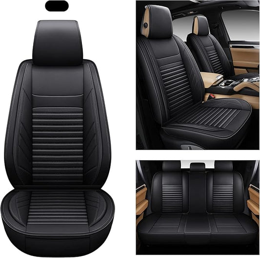 AOOG Leather Car Seat Covers, Leatherette Automotive Seat Covers for Cars SUV Pick-up Truck, Non-Slip Vehicle Car Seat Covers Universal Fit Set for Auto Interior Accessories, Full Set, Black.