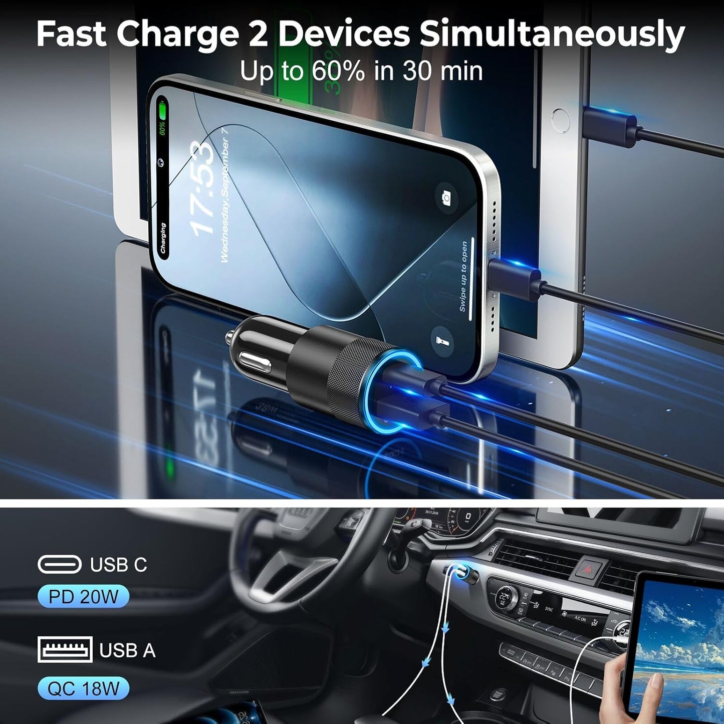 Car Charger USB C 3-Pack, Ancekoy 38W Dual Port PD + QC 3.0 Car Charger Adapter Fast Charging Cigarette Lighter Adapter for iPhone 16 15 14 13 12 11 Pro Max, Samsung, Tablet