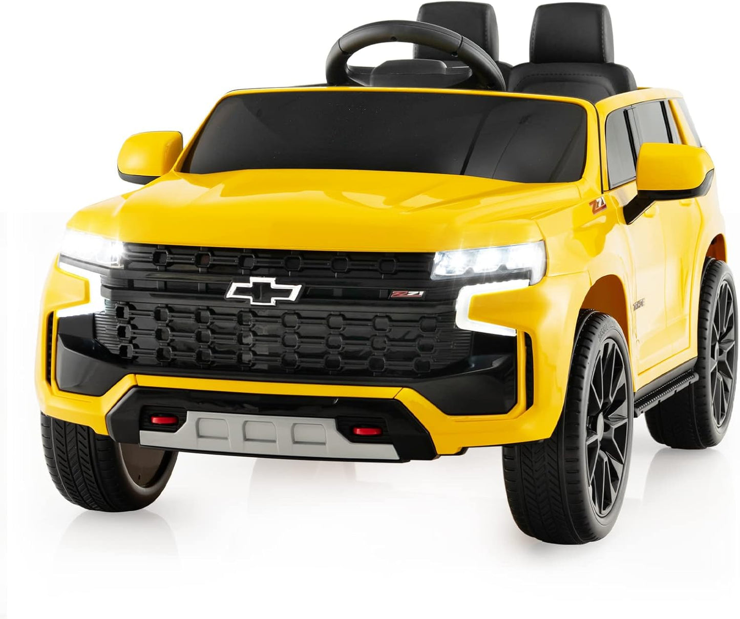 Costzon Ride on Car, 12V Licensed Chevrolet Tahoe Battery Powered Electric Vehicle w/ 2.4G Remote Control, High/Low Speed, Music, Lights, MP3/USB/FM, Spring Suspension, Electric SUV for Kids (Yellow)