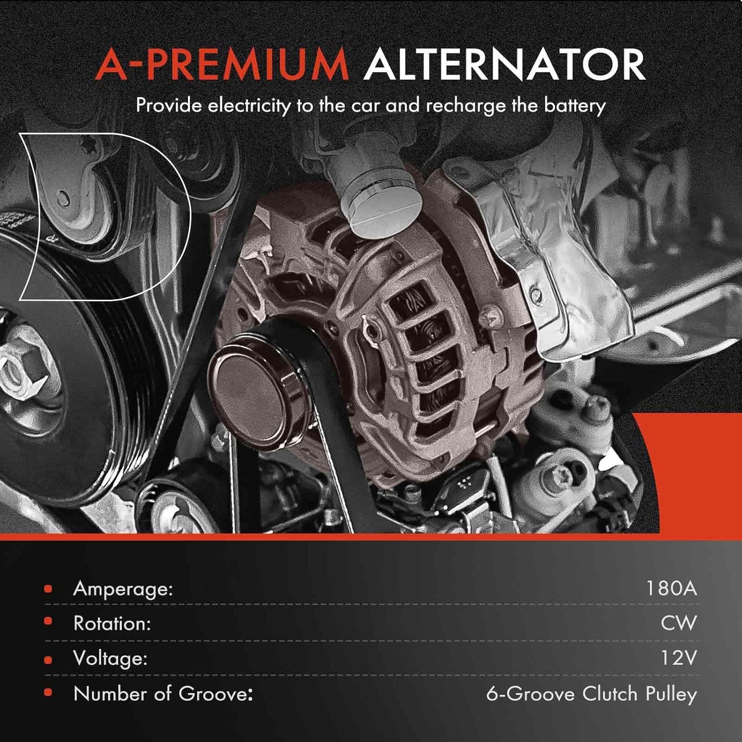A-Premium Alternator Compatible with Chrysler 300 11-21 & Dodge Challenger 15-21, Charger, Durango & Jeep Grand Cherokee 11-20 & Ram 1500, 3.6L, 12V 180A CW 6-Groove Clutch Pulley, Replace# 4801778AF