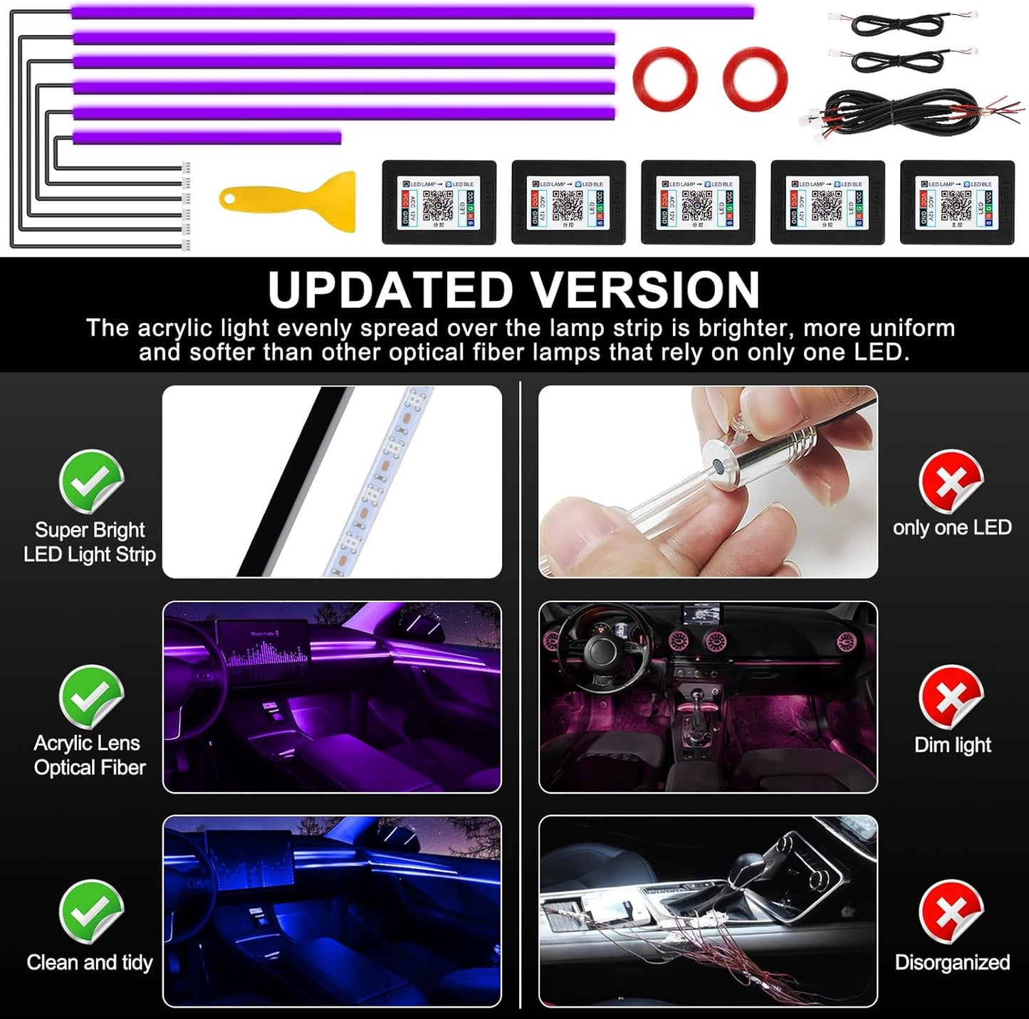Acrylic Interior Car LED Strip Light with Wireless APP, Car Accessories 6 in 1 with 175 inches 593 LEDs Fiber Optic Ambient Lighting Kits, RGB Dynamic Music Sync Neon LED Strip Light for Car