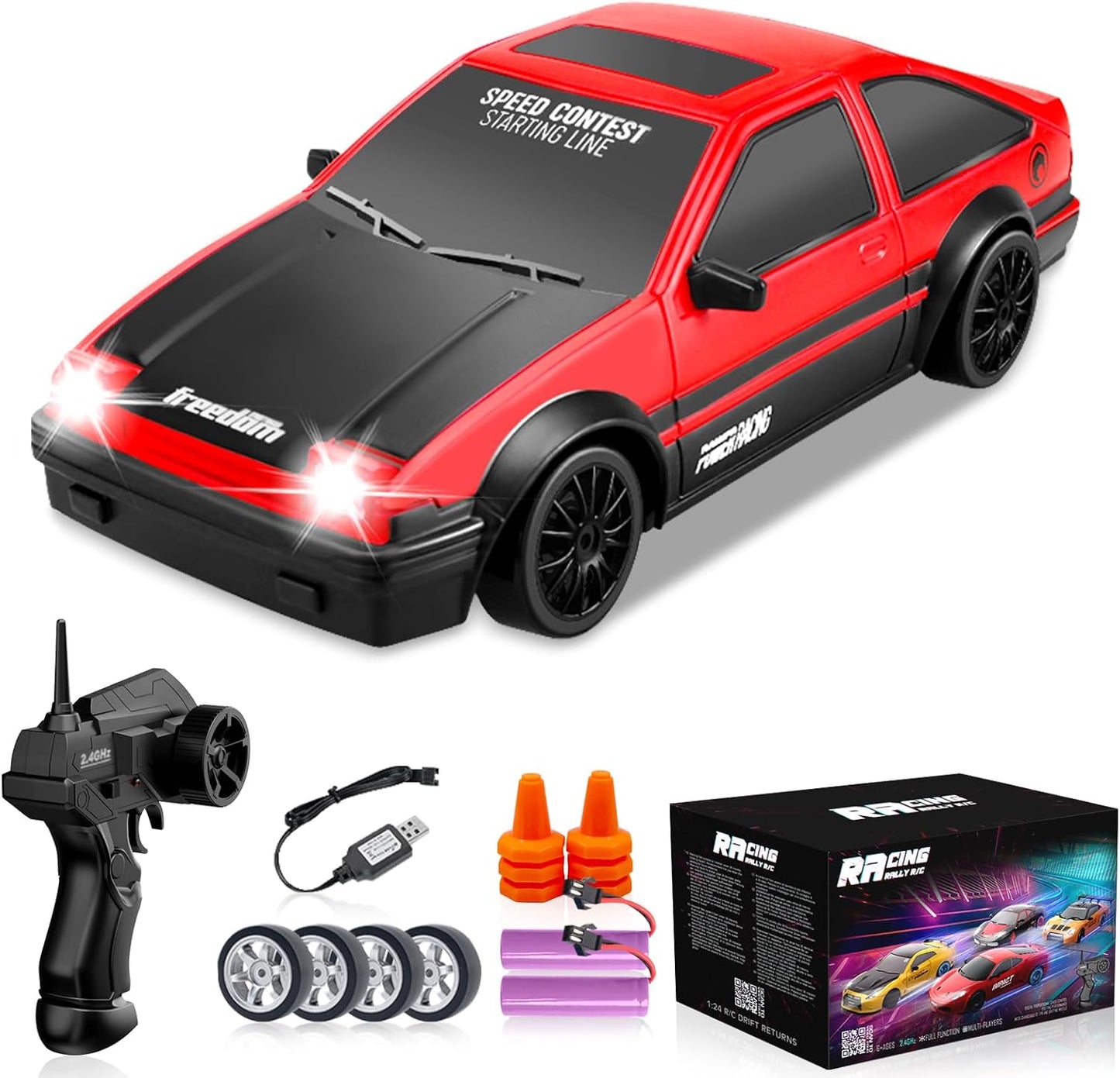 RC Drift Car, 1:24 Remote Control Cars 2.4GHz 4WD High Speed Drift RC Cars with LED Light Dritfing Tires Racing Hobby Toy Car with Two Batteries for Boys Girls Kids Adults (Red)