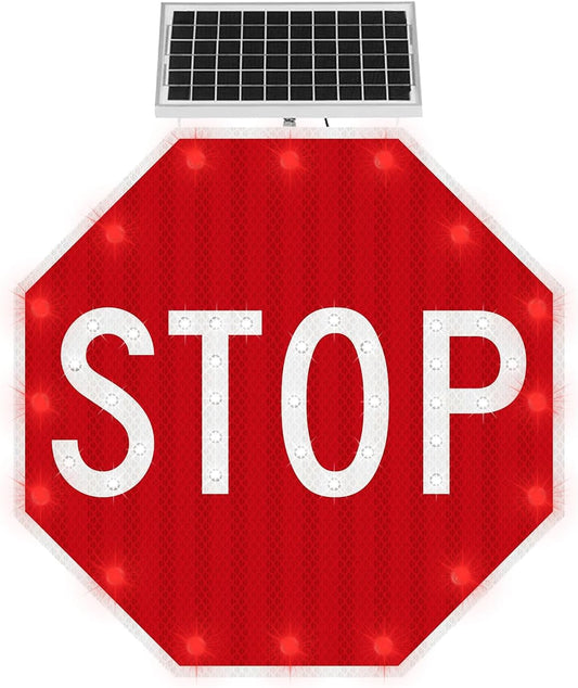 30" Solar Stop Sign Solar Powered LED Blinking Reflective Street Traffic Warning Sign Octagon Rust-proof Metal Frame
