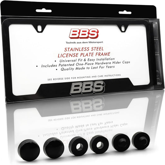 BBS Official Black Stainless Steel License Plate Frame – Made in USA – Premium Rustproof Powder-Coated Metal Car Accessory – Universal Fit – 1 Pack