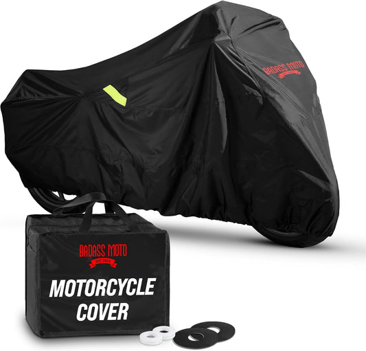 Badass Moto Ultimate Motorcycle Cover Waterproof Outdoor Heavy Duty Durable All Season Storage Harsh Weather Sun Rain Cover fits Harley Davidson Street Glide, Vulcan, Shadow, Cruiser Bikes. Large 97L
