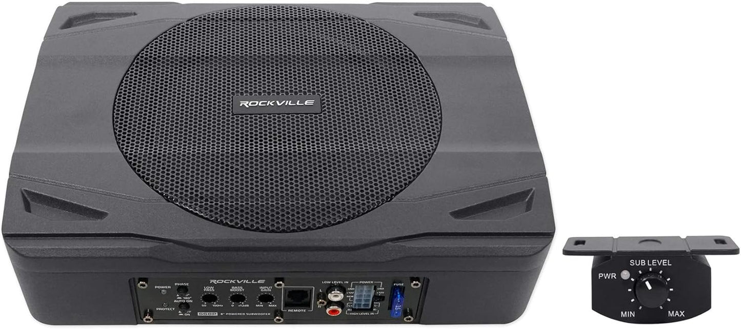 Rockville SS8P 400W 8" Slim Under-Seat Active Subwoofer, High-Level Inputs, Cast Aluminum Enclosure, for Car/Truck Audio Systems