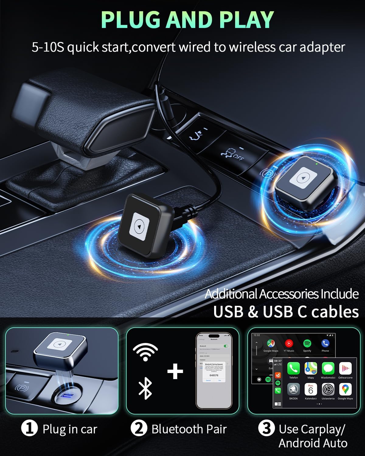 Wireless CarPlay & Android Auto Adapter 1-Inch (2.54cm) - Discreet Plug & Play, Stable 5G Connection for Music/Navigation, Works with iPhone iOS 10+ & Android 11+,for 98% of Cars (2016-2025) (Black)