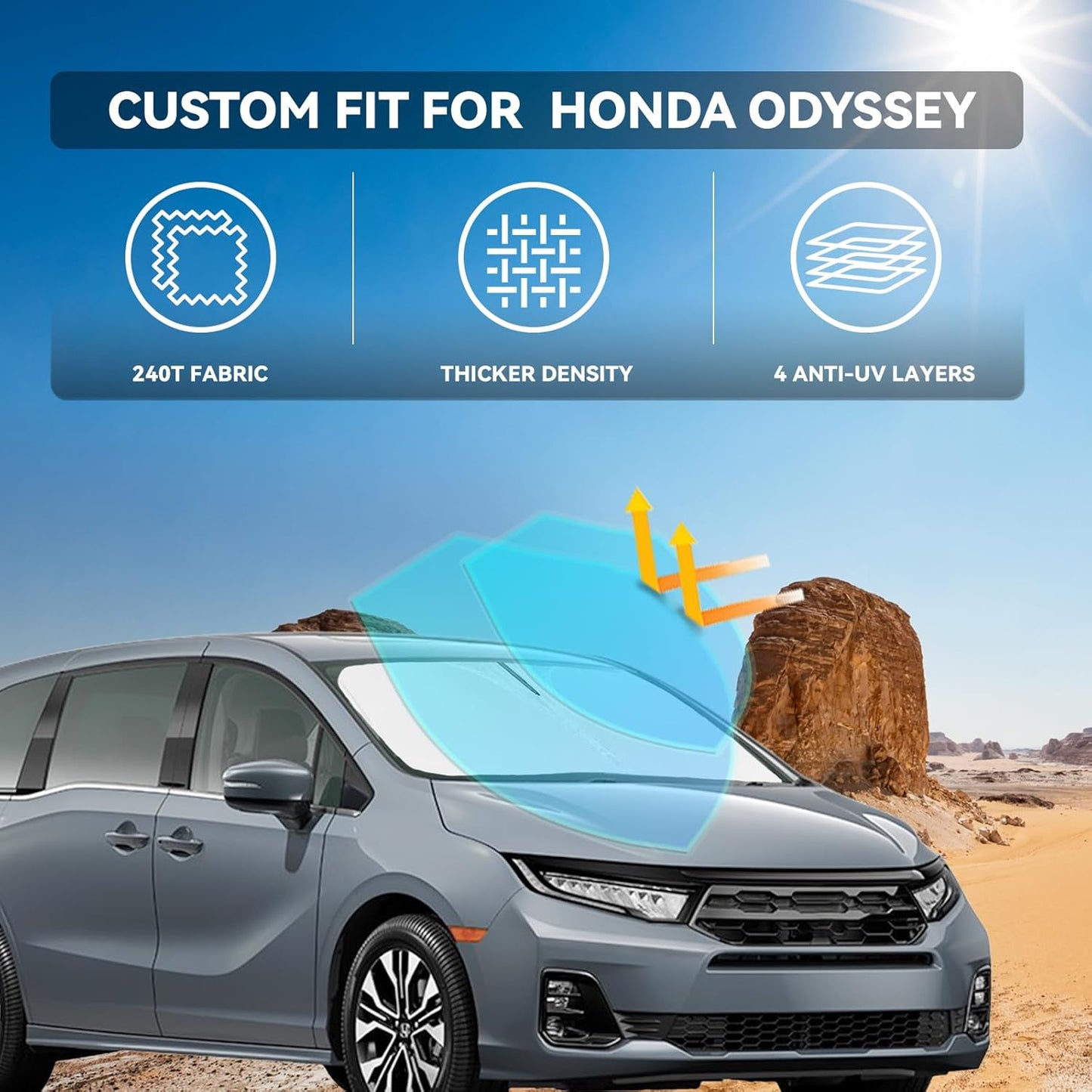 Sun Shade for Honda Odyssey Windshield Cover 2018-2024 2025 2026 4-Layer Front Window Shade Custom for Odyssey LX EX EX-L Touring Elite Sunshade 240T Shade Blocks UV Rays Cooler Car Accessories