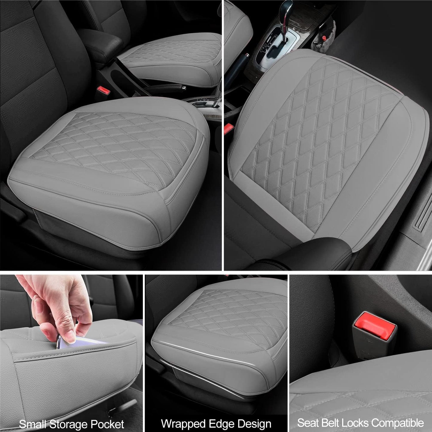 2 Pack PU Leather Front Car Seat Cover Bottom Car Seat, Anti-Slip and Full Wrap Driver Car Seat Protectors with Storage Pocket, Luxury Waterproof Bottom Auto Seat Cushion Pad for Most Vehicles(Gray)