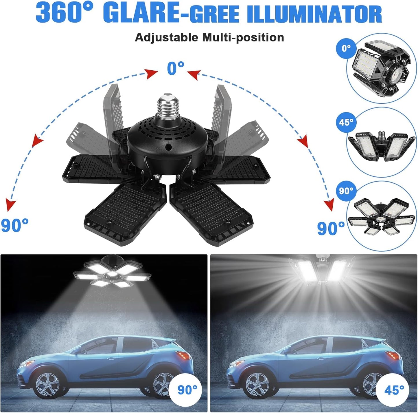 LED Garage Lights 4 Pack -180W, 18000LM 6500K Led Shop Light with 6+1 Deformable Panels, Basement Barn Light Garage Ceiling Lights, E26/E27 for Garages, Warehouse, Shop