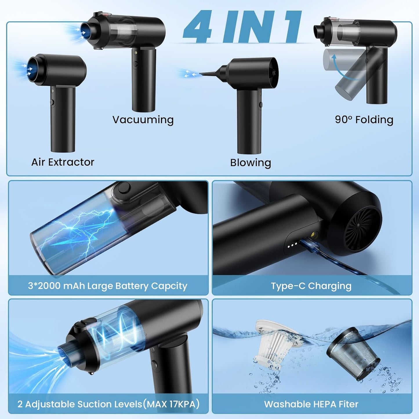 Vac V2 Portable Air Blower/Car Vacuum 90°Foldable 3in1 Handheld Vacuums Cleaner Brushless Motor High Power 16000PA Compressed Air Dusters Cordless Vacuum Cleaners for Car Home