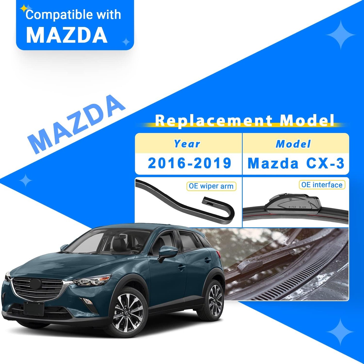 Windshield Wiper Blades Replacement for Mazda CX3 CX-3 2016 2017 2018 2019 Original Factory Quality Front Rear Wipers Blade Set for My Car - 22" 19" 10" (Pack of 3)